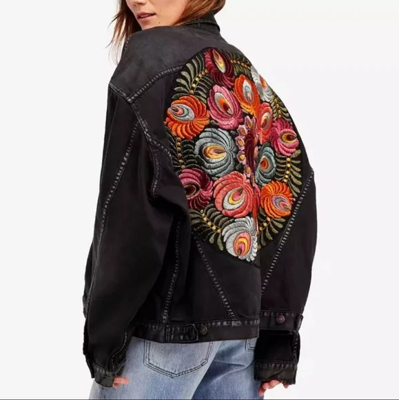 New Boho Embroidered Patch Denim Jean Jacket Oversized Coat Black - Picture 9 of 12